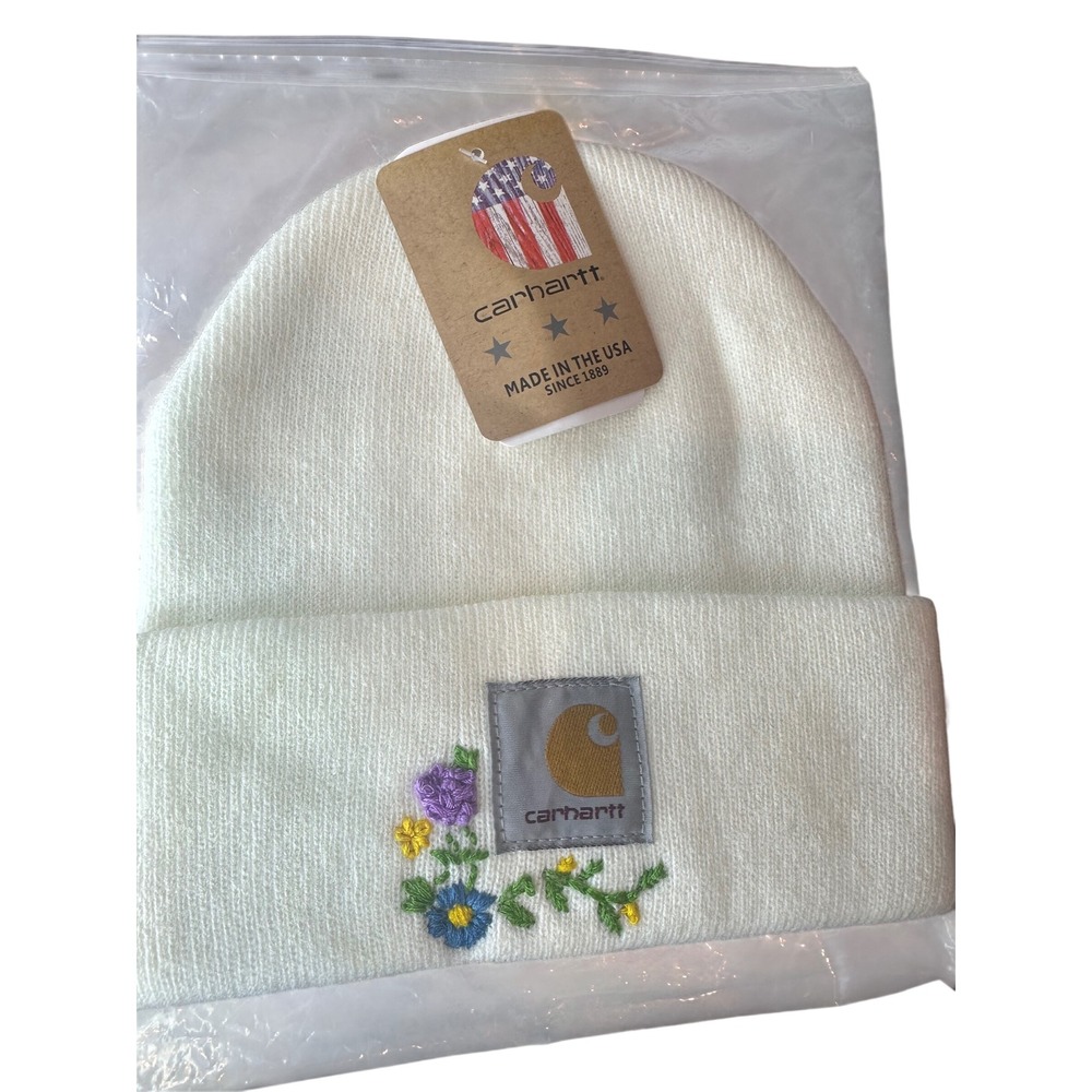 Carhartt A18 Custom Floral Embroidered Beanie Hat White OSFA Made in USA NWT
